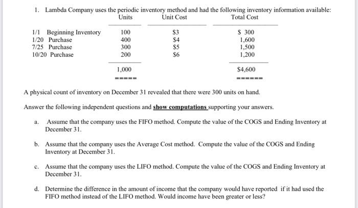 Units 1. Lambda Company uses the periodic inventory method and had the