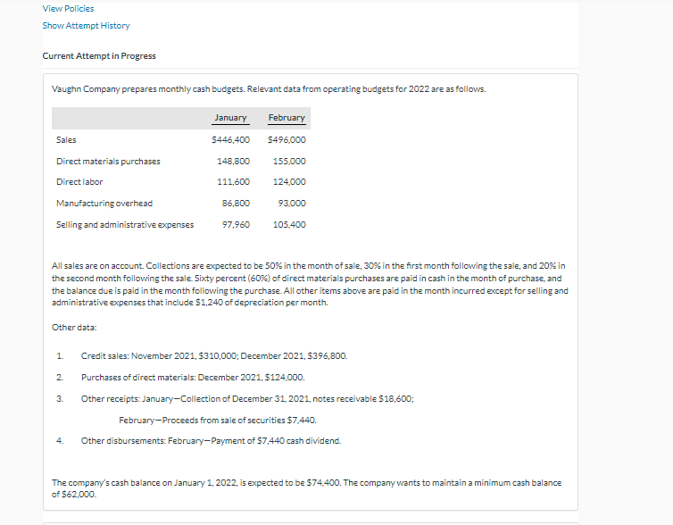 View Policies Show Attempt History Current Attempt in Progress Vaughn Company prepares