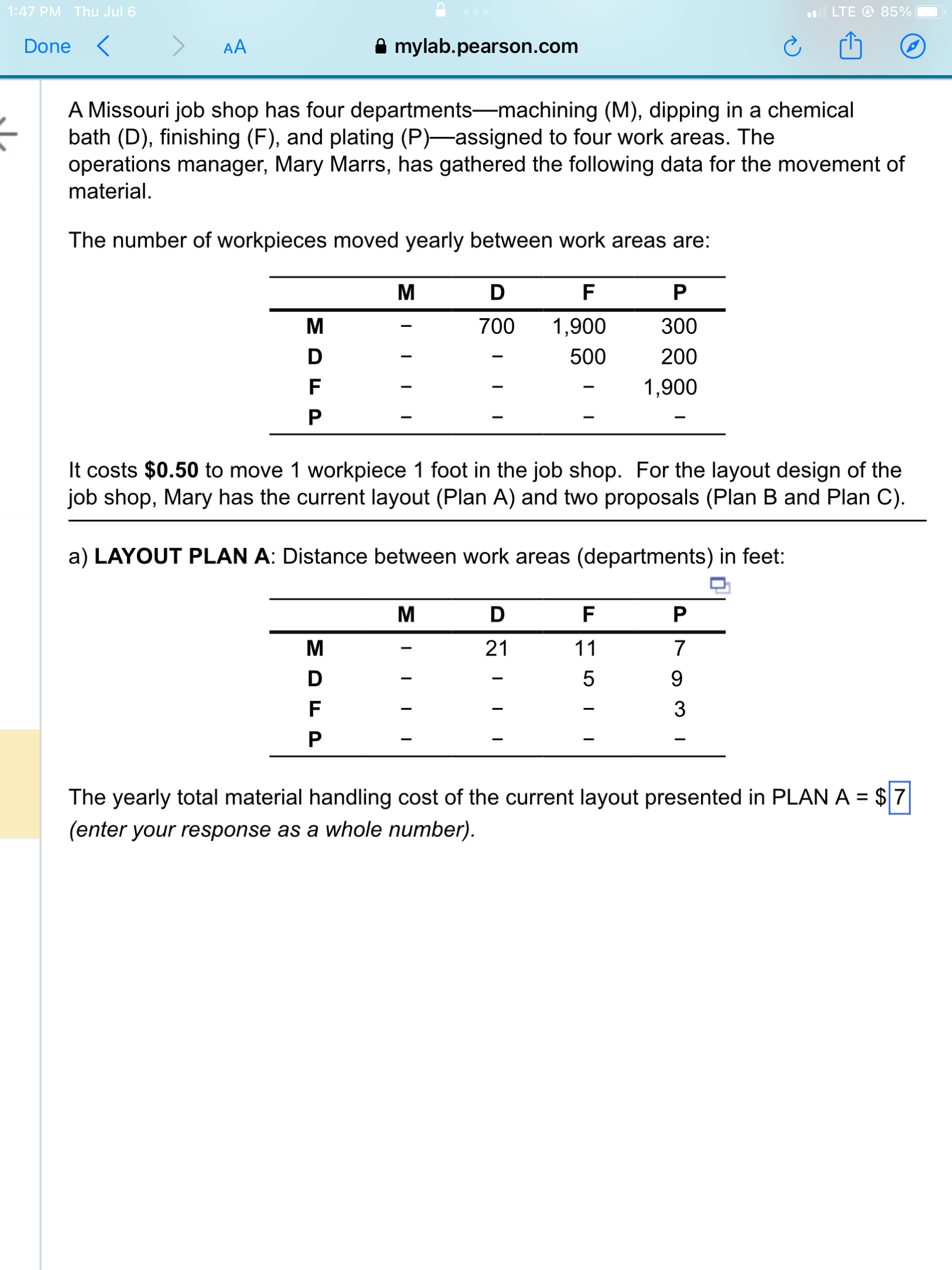 1:47 PM Thu Jul 6 Done < > AA mylab.pearson.com LTE 85%