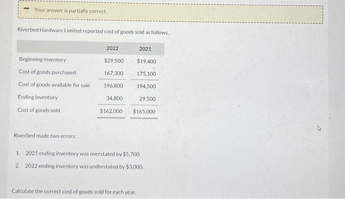 Your answer is partially correct. Riverbed Hardware Limited reported cost of goods