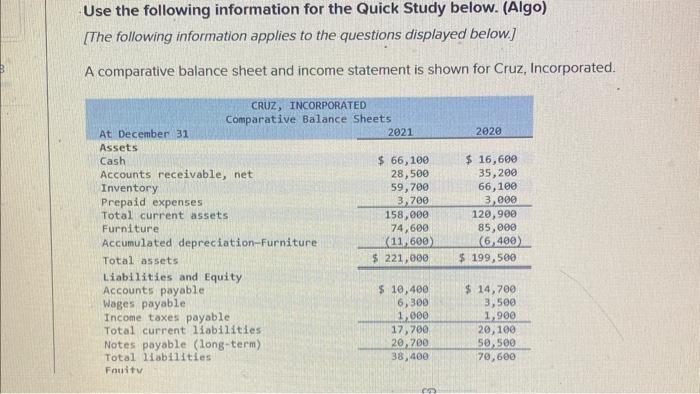 Use the following information for the Quick Study below. (Algo) [The following