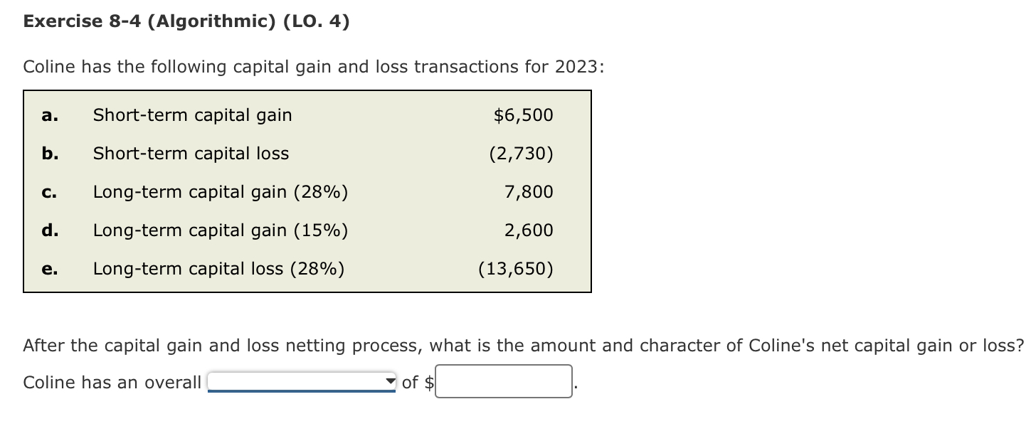 Exercise 8-4 (Algorithmic) (LO. 4) Coline has the following capital gain and