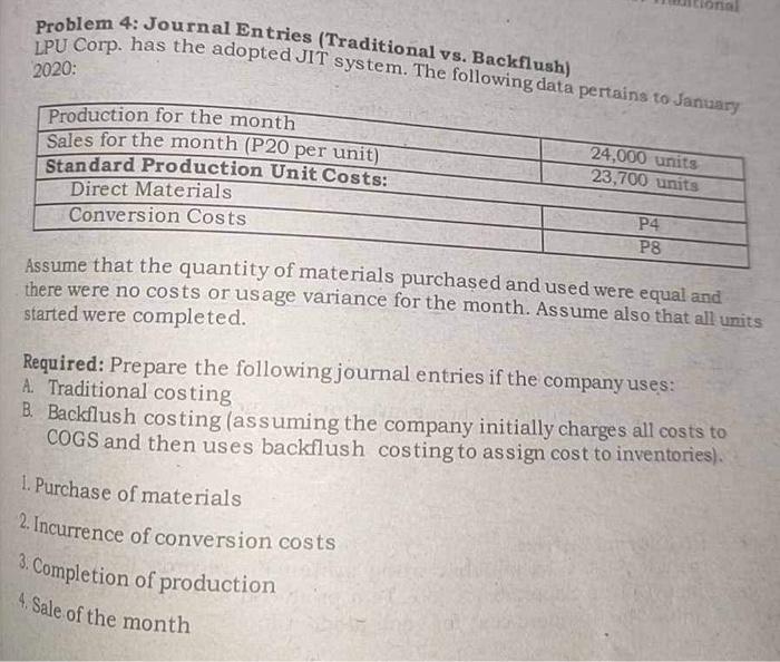 Problem 4: Journal Entries (Traditional vs. Backflush) LPU Corp. has the adopted