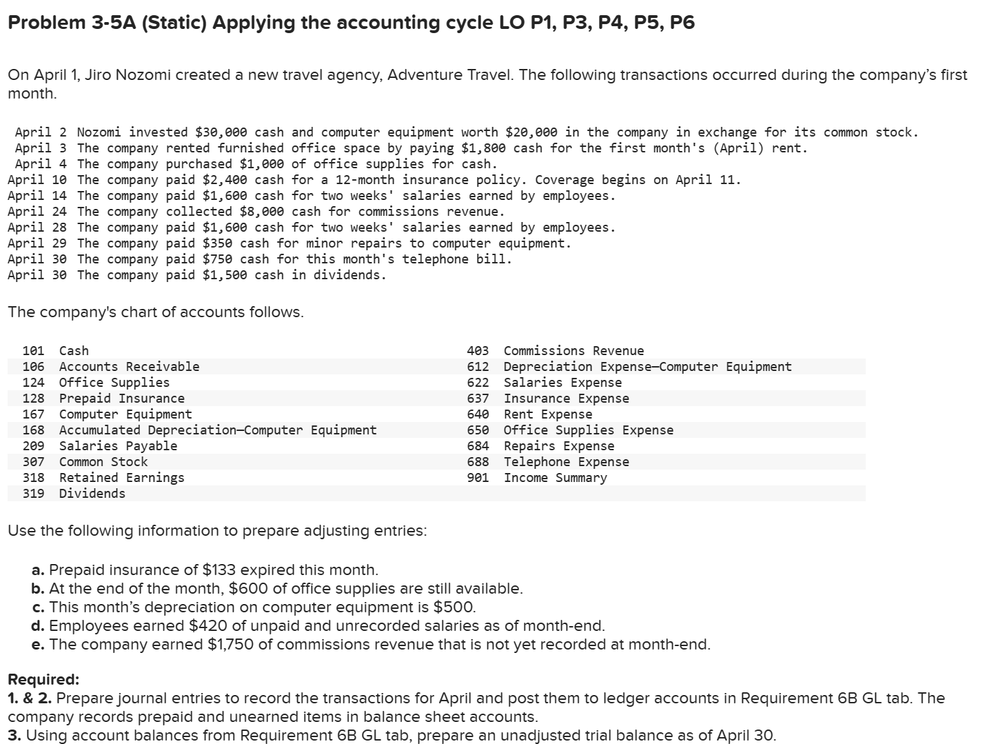 Problem 3-5A (Static) Applying the accounting cycle LO P1, P3, P4, P5,