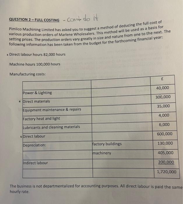 QUESTION 2-FULL COSTING -Cont do it Pimlico Machining Limited has asked you