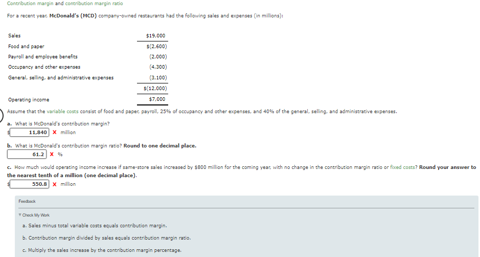 Contribution margin and contribution margin ratio For a recent year, McDonald's (MCD)