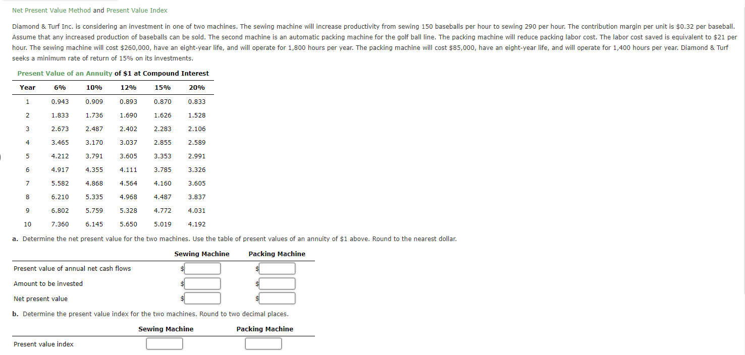 Net Present Value Method and Present Value Index Diamond & Turf Inc.
