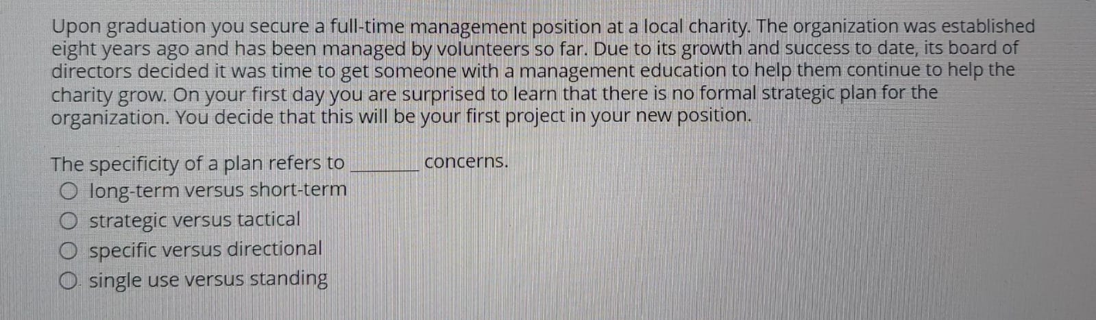 Upon graduation you secure a full-time management position at a local charity.