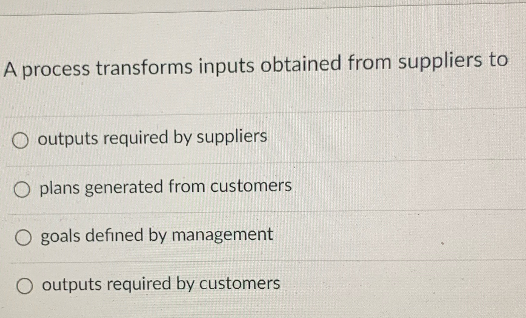A process transforms inputs obtained from suppliers to O outputs required by