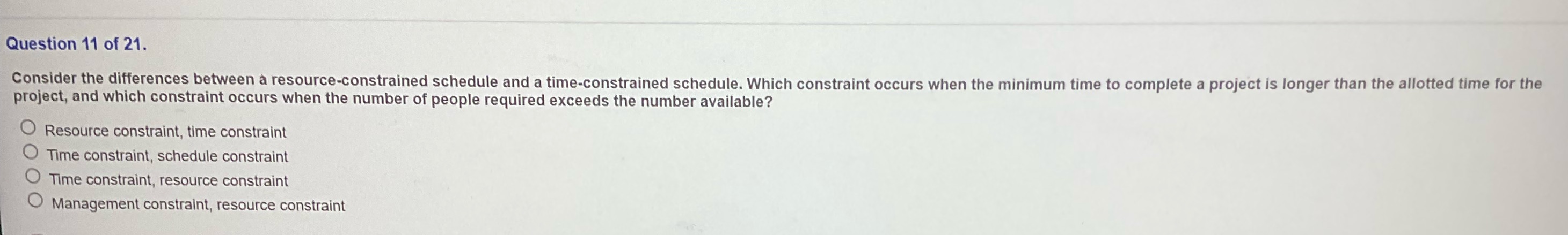 Question 11 of 21. Consider the differences between a resource-constrained schedule and