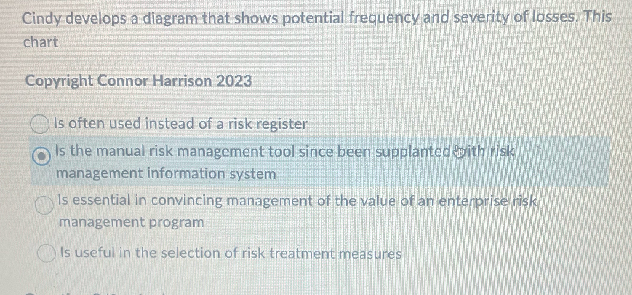 Cindy develops a diagram that shows potential frequency and severity of losses.