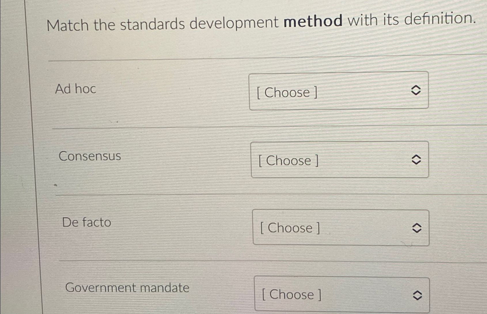 Match the standards development method with its definition. Ad hoc [Choose ]