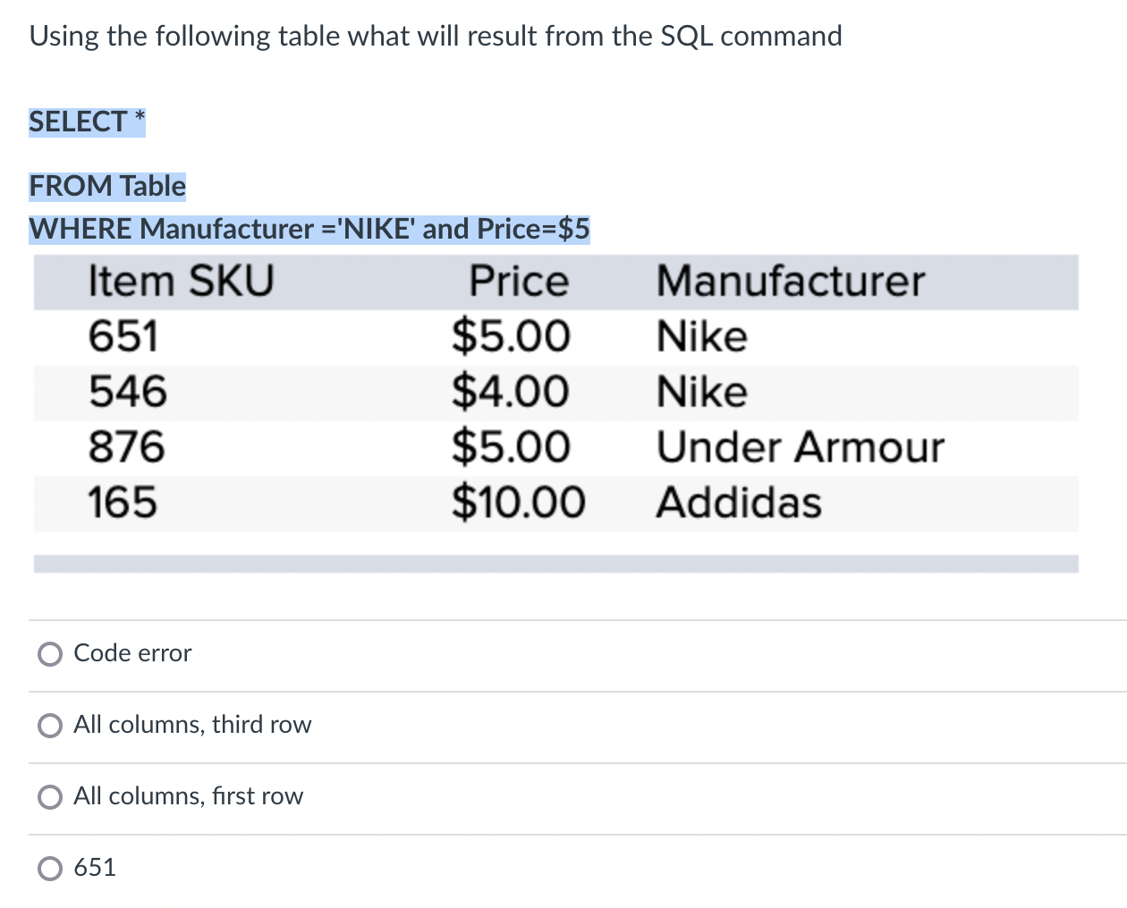 Using the following table what will result from the SQL command SELECT