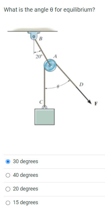 What is the angle e for equilibrium? B 20 30 degrees 40
