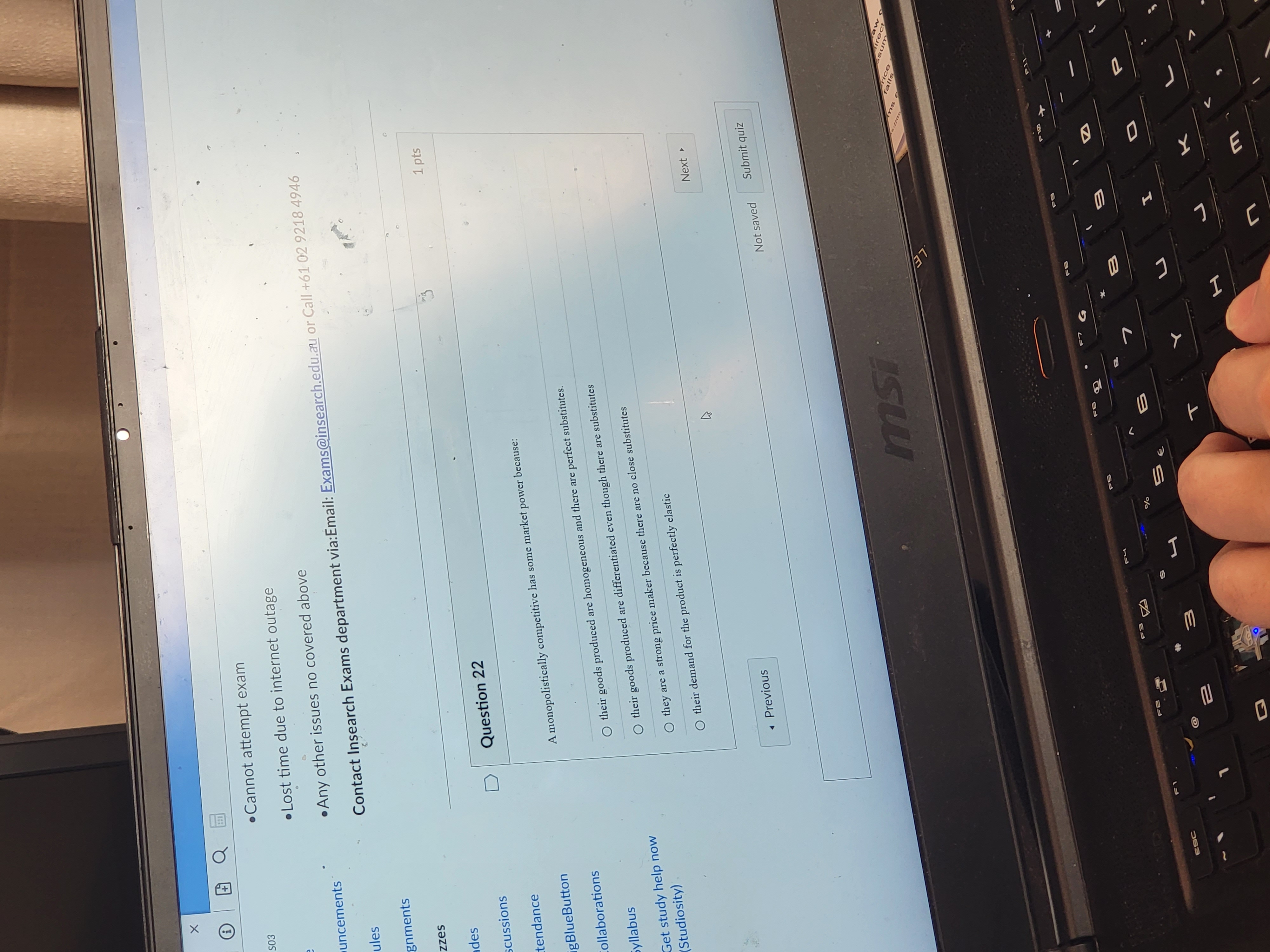 outage Any other issues no covered above Contact Insearch Exams department via:Email: