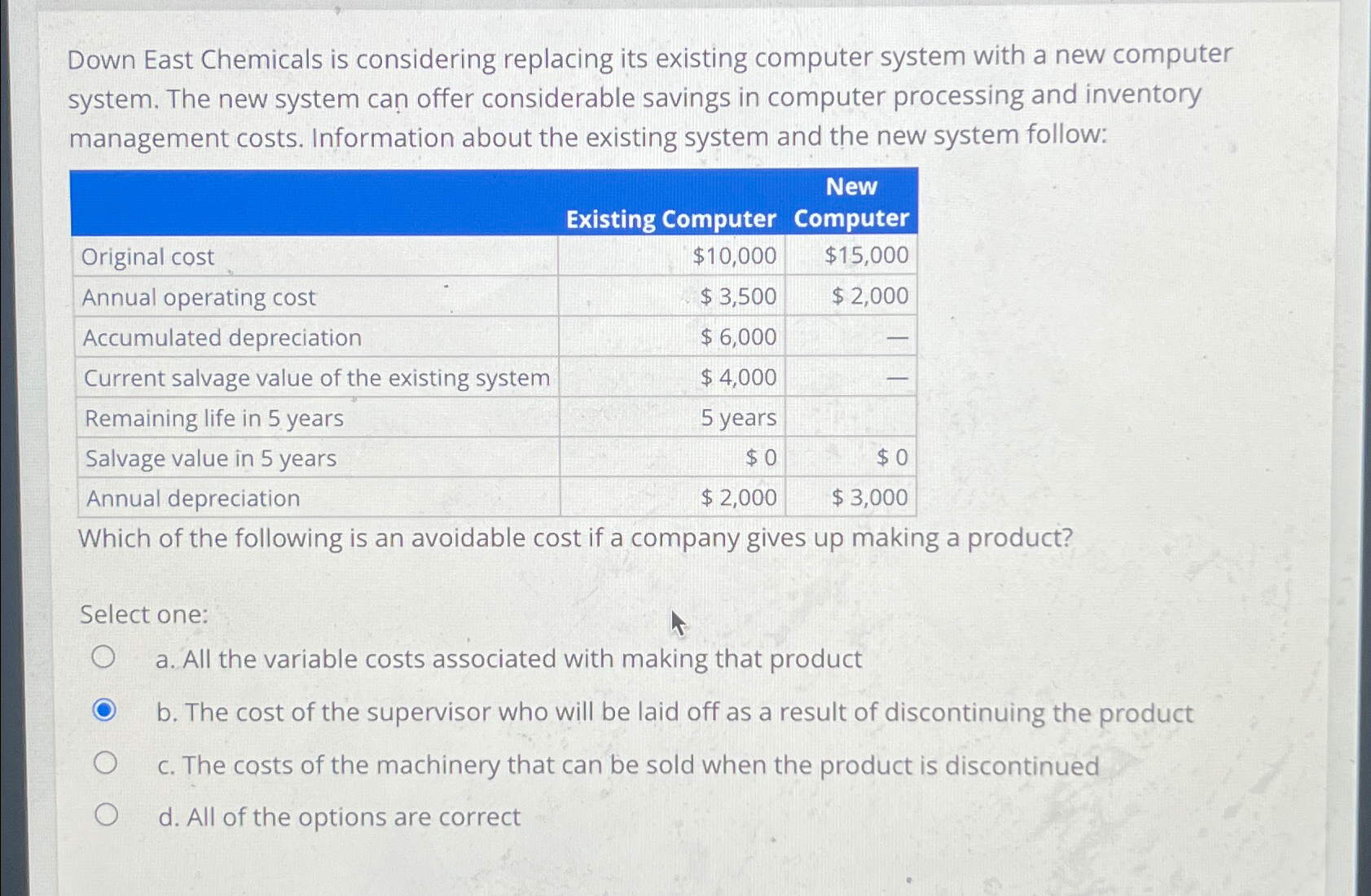 Down East Chemicals is considering replacing its existing computer system with a