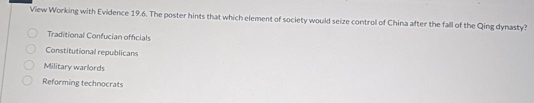 View Working with Evidence 19.6. The poster hints that which element of