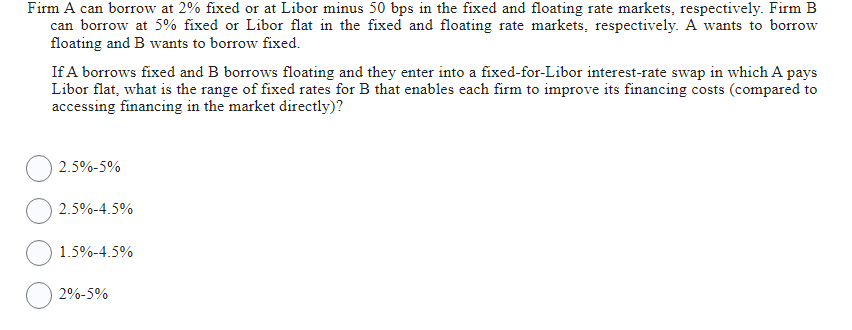 Firm A can borrow at 2% fixed or at Libor minus 50