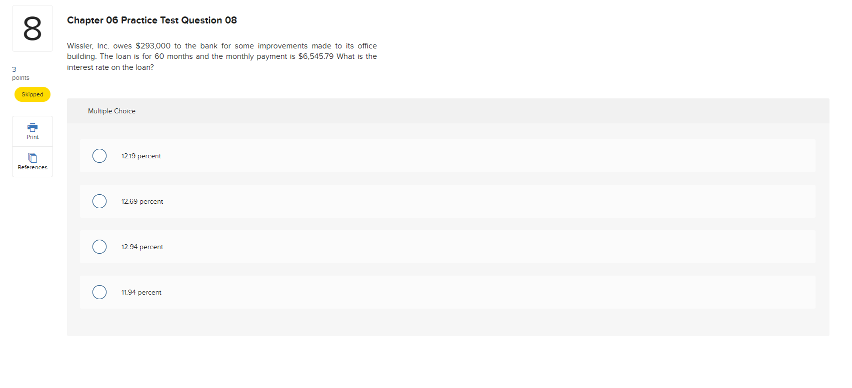 return? Print Multiple Choice References $41,082.93 $38,718.75 $37,094.90 $38,988.31 3 2 points