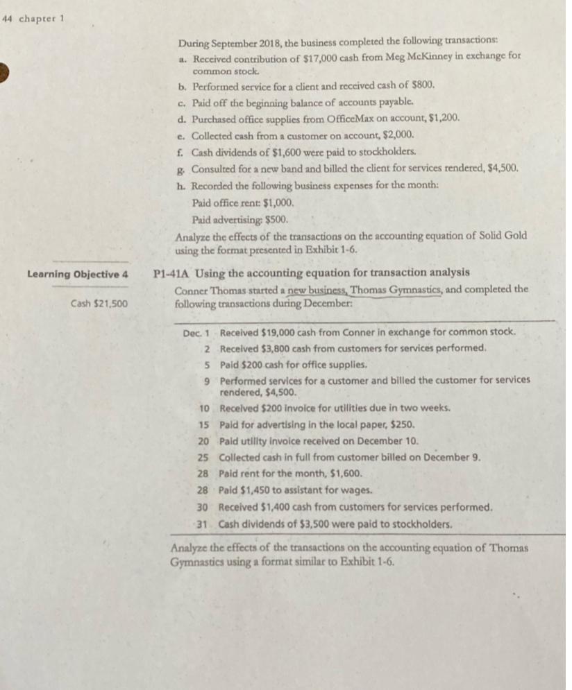 44 chapter 1 Learning Objective 4 Cash $21,500 During September 2018, the