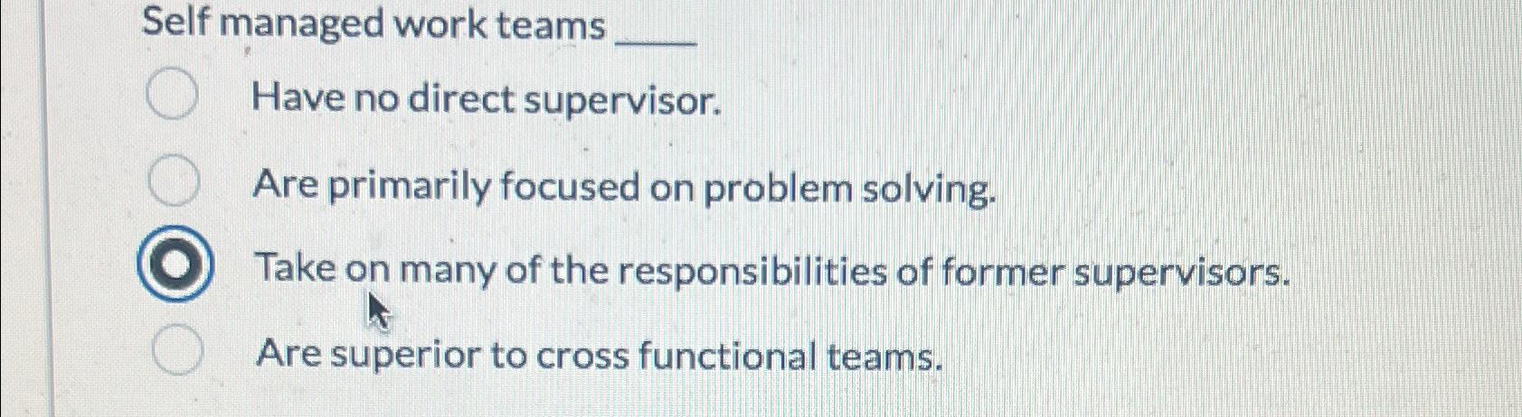 Self managed work teams Have no direct supervisor. Are primarily focused on