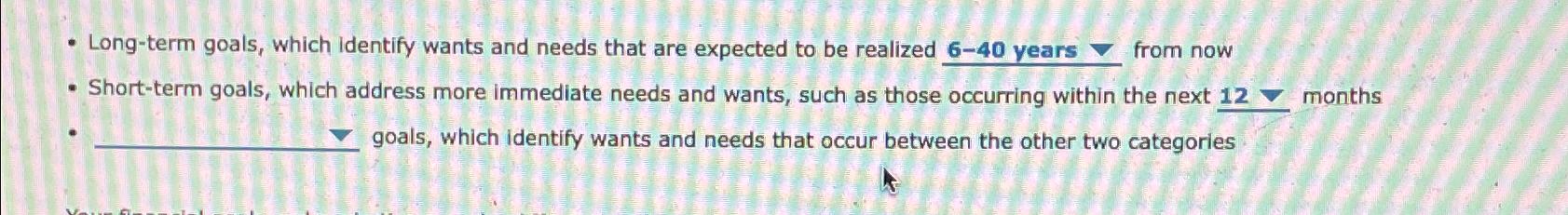 Long-term goals, which identify wants and needs that are expected to be