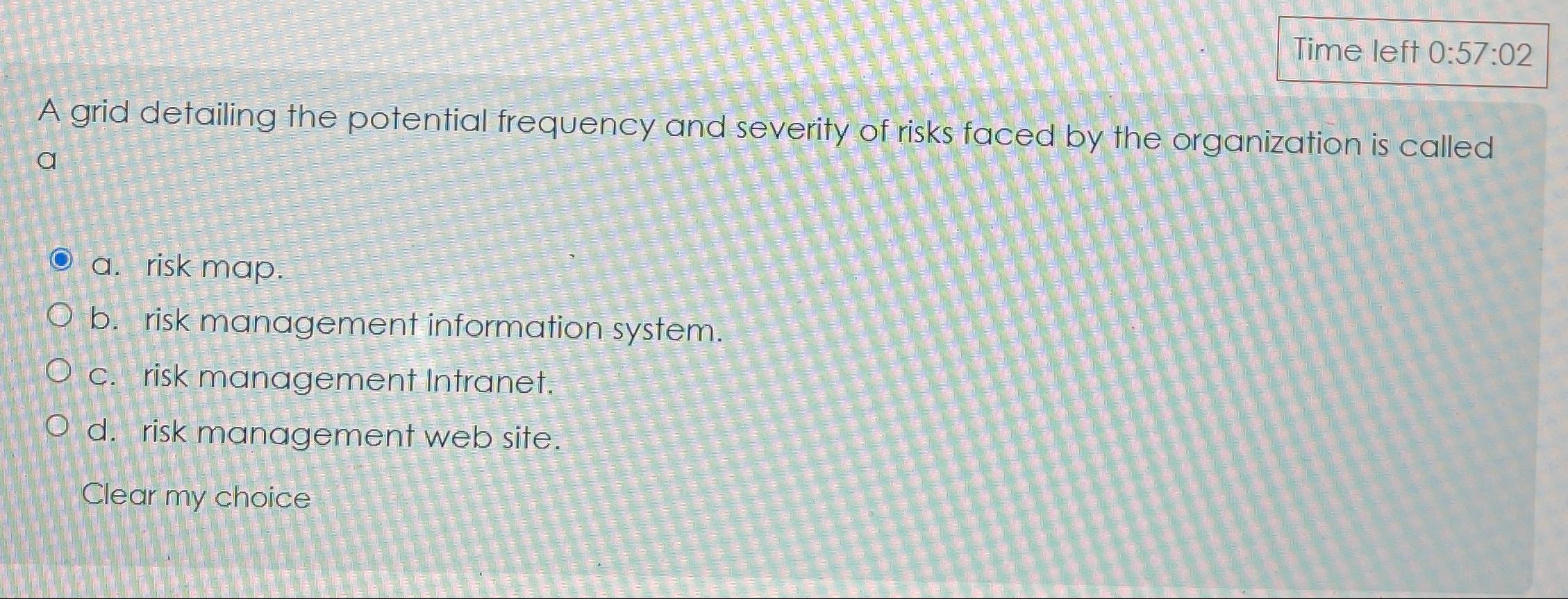 Time left 0:57:02 A grid detailing the potential frequency and severity of