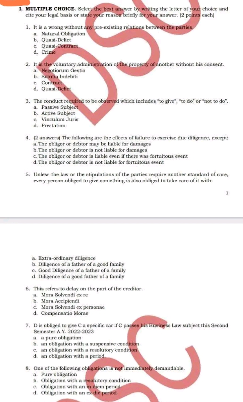 I. MULTIPLE CHOICE. Select the best answer by writing the letter of