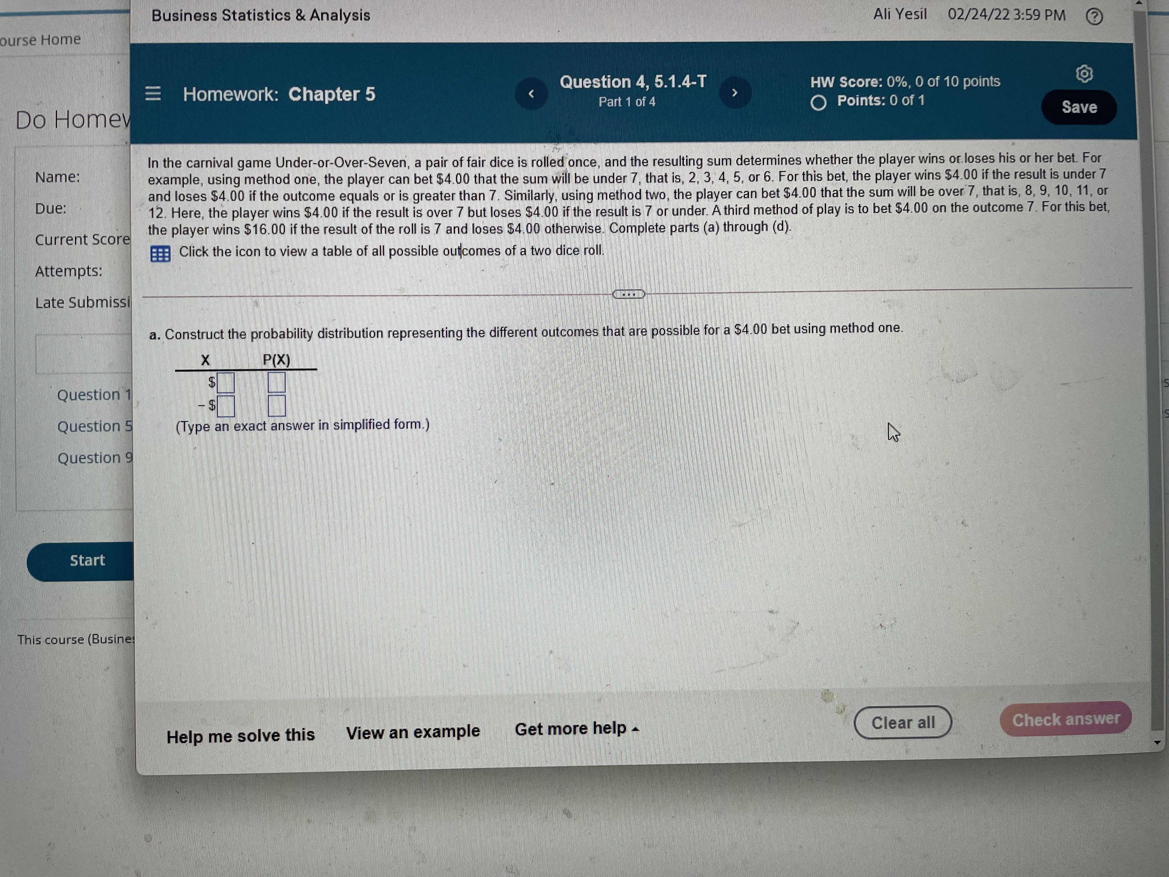 Course Home Business Statistics & Analysis = Homework: Chapter 5 Do Homew