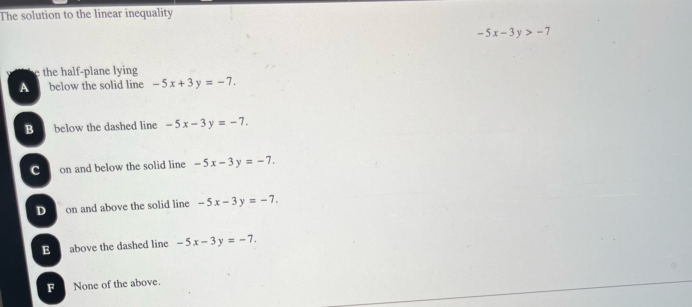 The solution to the linear inequality A e the half-plane lying below