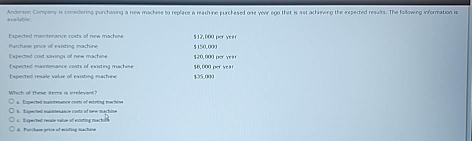 Anderson Company is considering purchasing a new machine to replace a machine