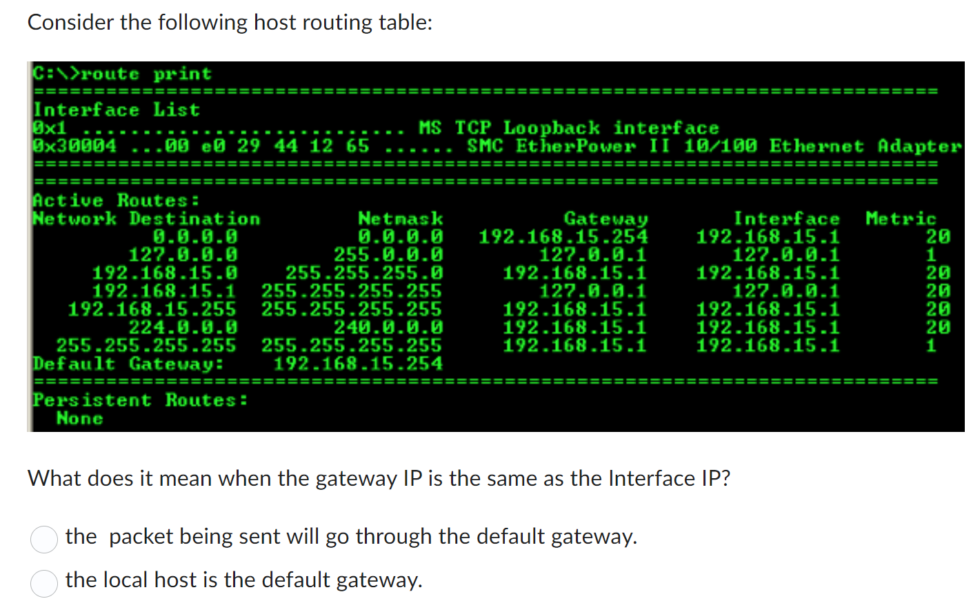 Consider the following host routing table: C:\>route print |================= Interface List 0x1