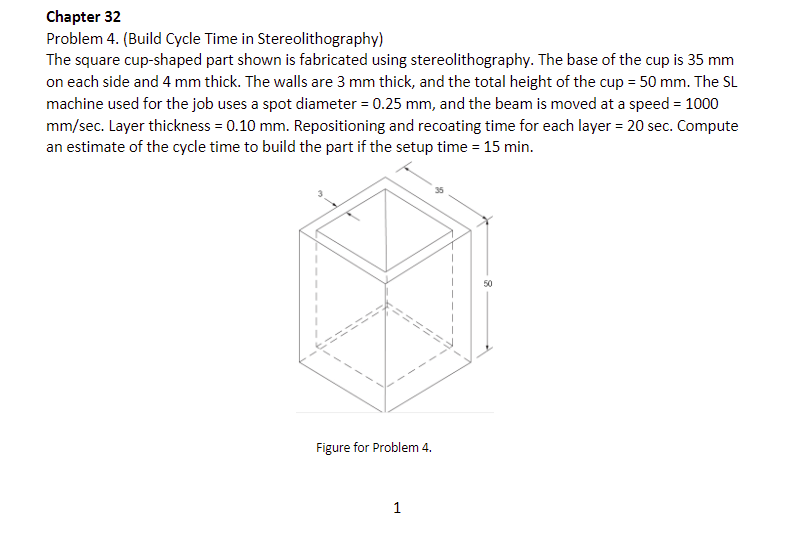 Chapter 32 Problem 4. (Build Cycle Time in Stereolithography) The square cup-shaped
