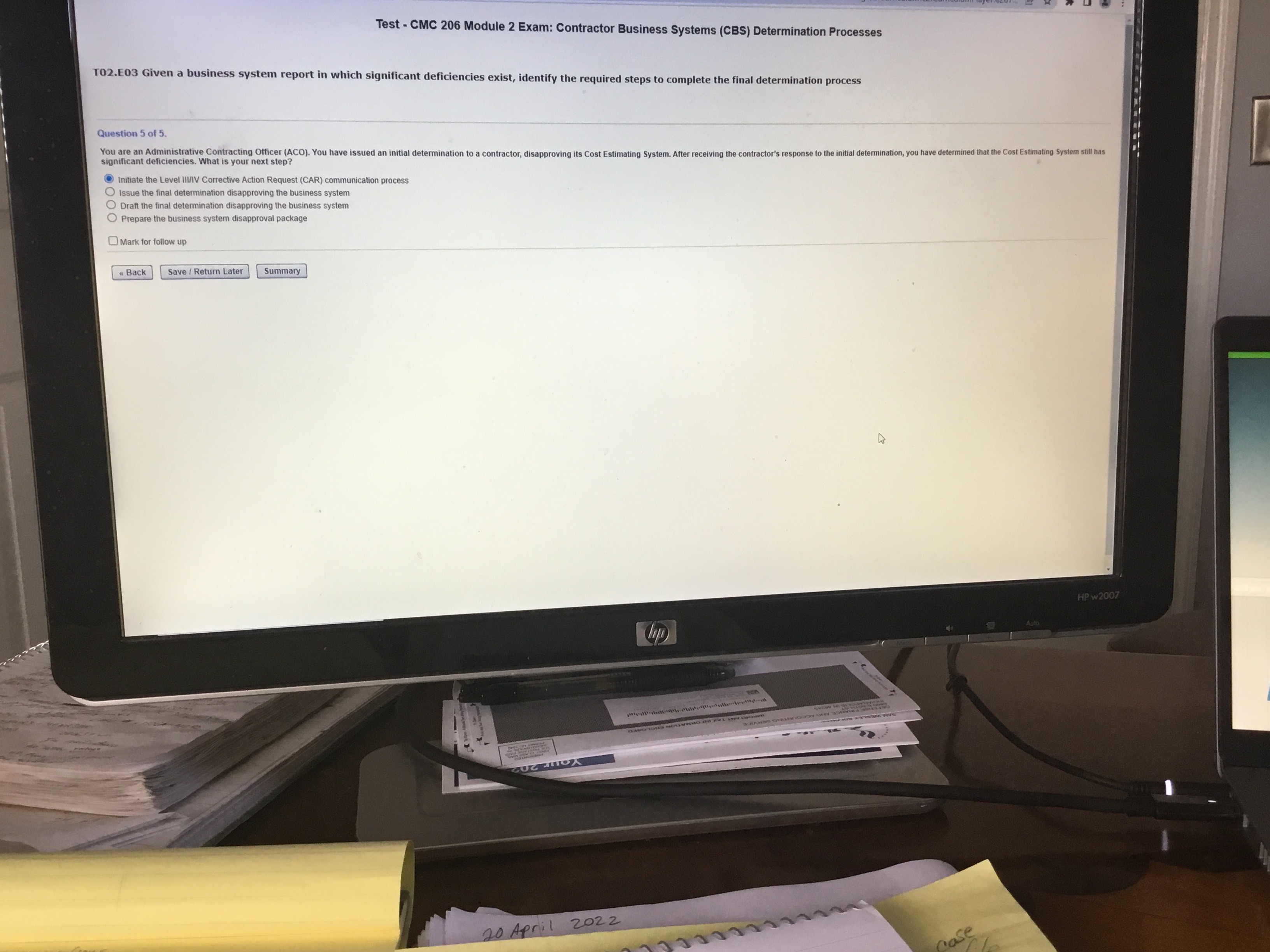 Test- CMC 206 Module 2 Exam: Contractor Business Systems (CBS) Determination Processes