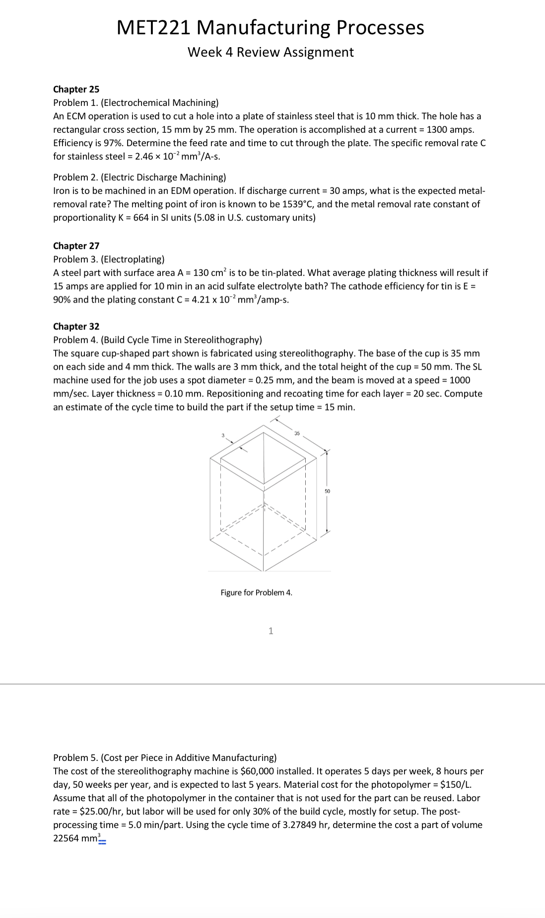 MET221 Manufacturing Processes Week 4 Review Assignment Chapter 25 Problem 1. (Electrochemical