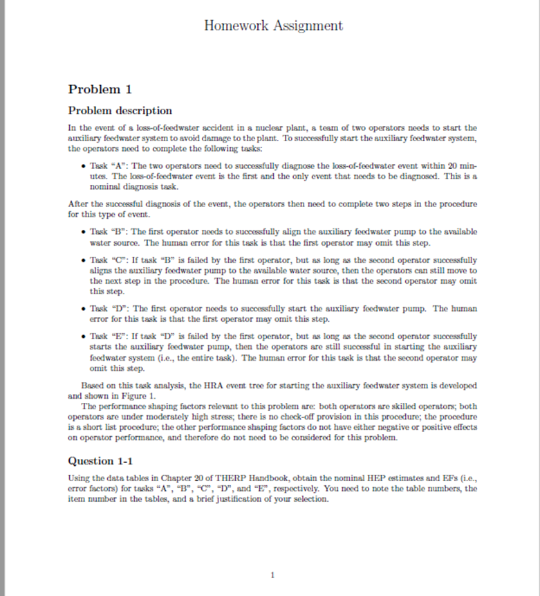 Homework Assignment Problem 1 Problem description In the event of a loss-of-feedwater
