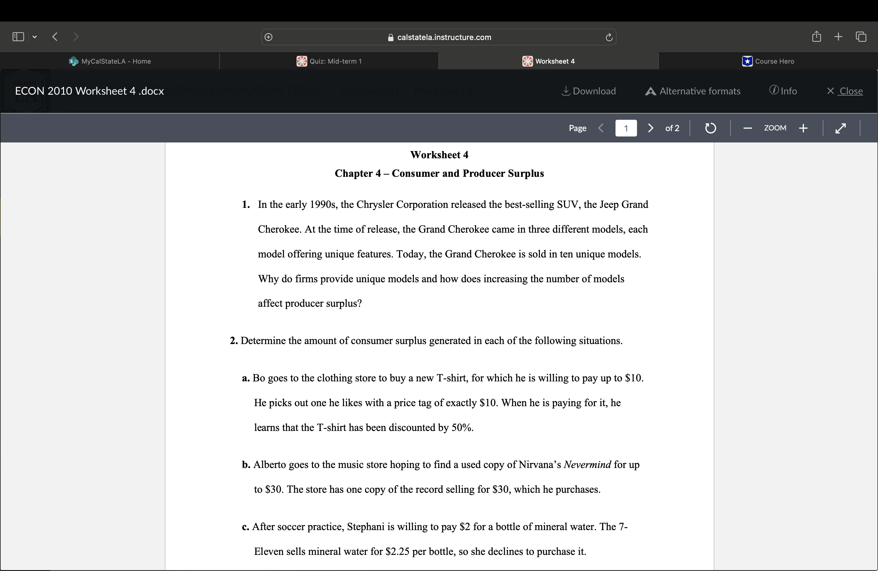 < > MyCalStateLA - Home + Quiz: Mid-term 1 ECON 2010 Worksheet