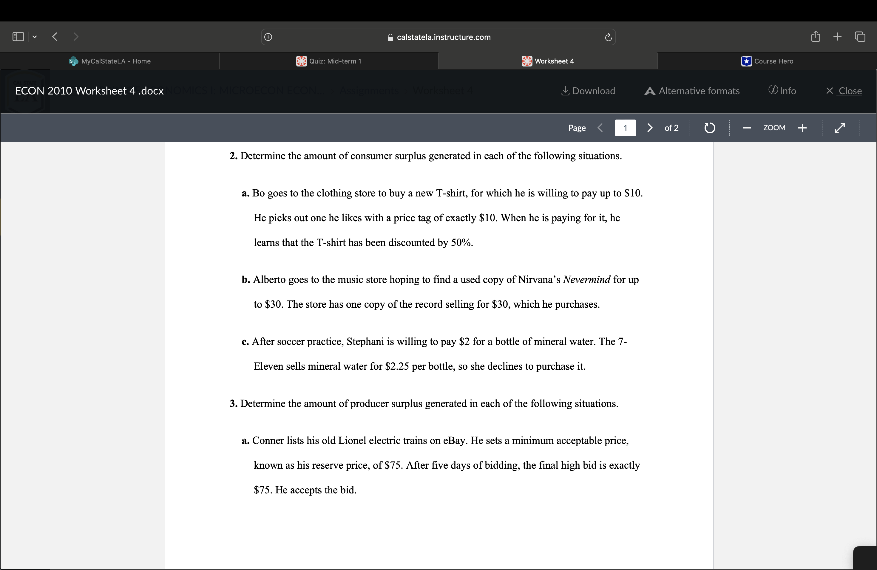 4.docx NOMICS I: MICROECON ECON... calstatela.instructure.com Assignments > Worksheet 4 Worksheet 4