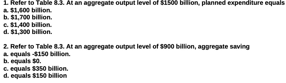 1. Refer to Table 8.3. At an aggregate output level of $1500