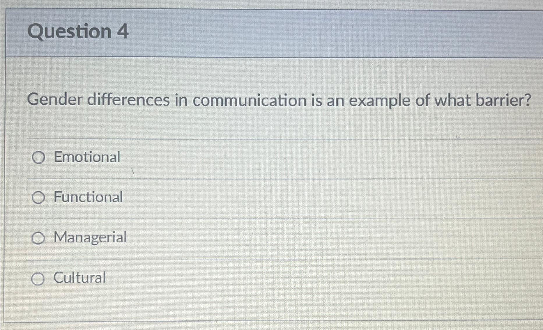 Question 4 Gender differences in communication is an example of what barrier?
