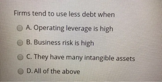 Firms tend to use less debt when A. Operating leverage is high