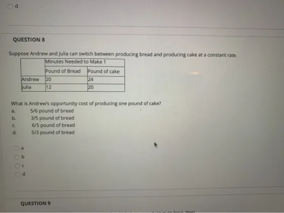 QUESTION 8 Suppose Andrew and Julia can switch between producing bread and