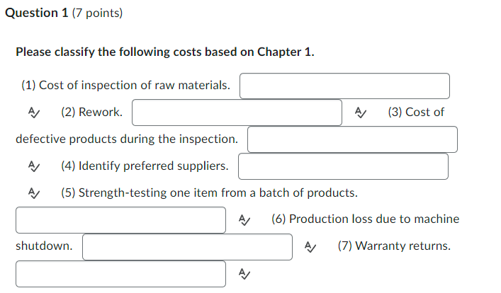 Question 1 (7 points) Please classify the following costs based on Chapter