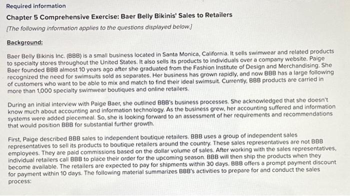 Required information Chapter 5 Comprehensive Exercise: Baer Belly Bikinis' Sales to Retailers