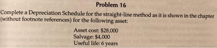 Problem 16 Complete a Depreciation Schedule for the straight-line method as it
