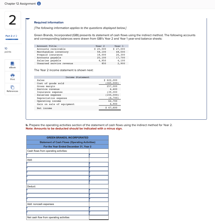 Chapter 12 Assignment 2 Part 2 of 2 Required information [The following