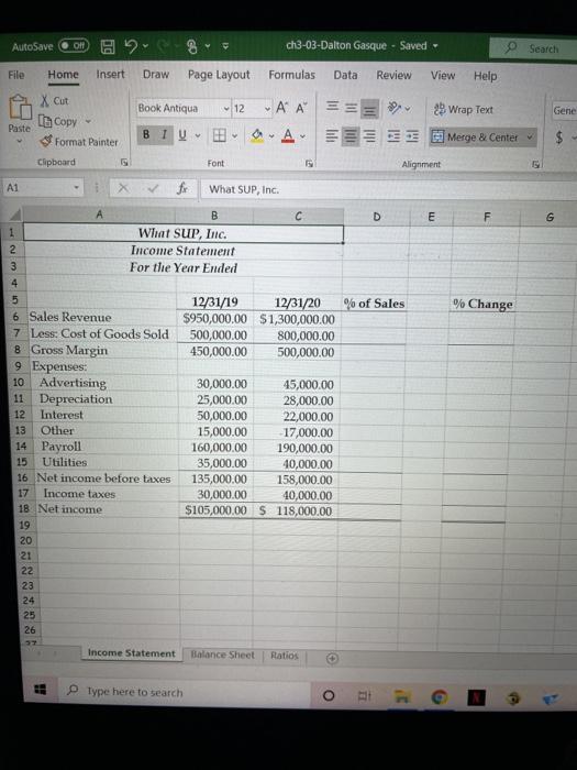 as of December 31, 2020. You are to create What SUP's financial