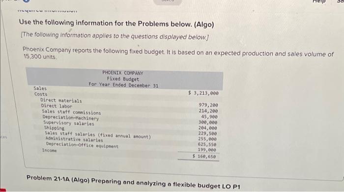 Use the following information for the Problems below. (Algo) [The following information