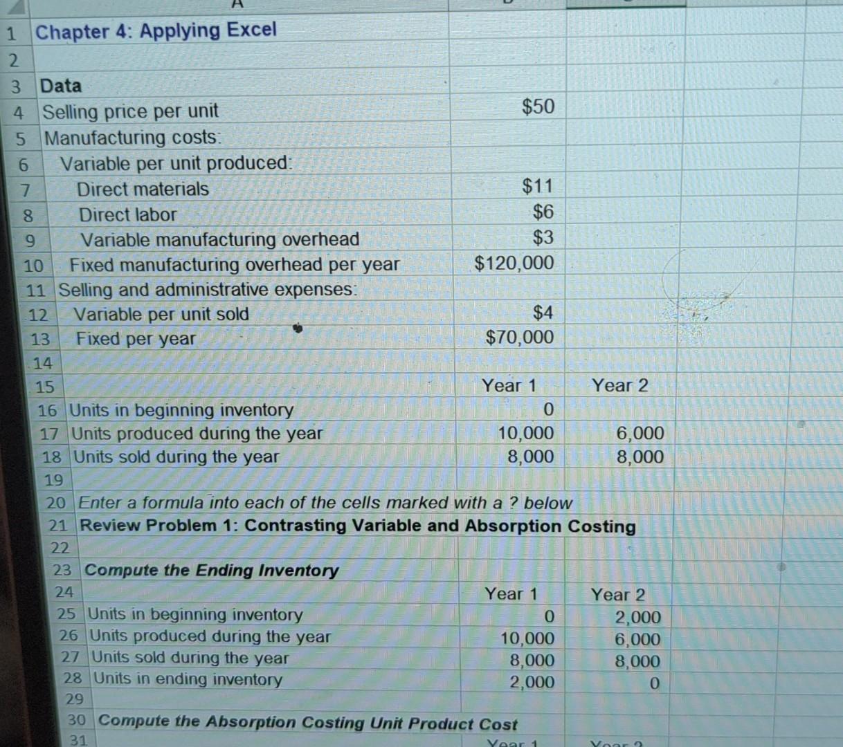 1 Chapter 4: Applying Excel 23 Data 4 Selling price per unit