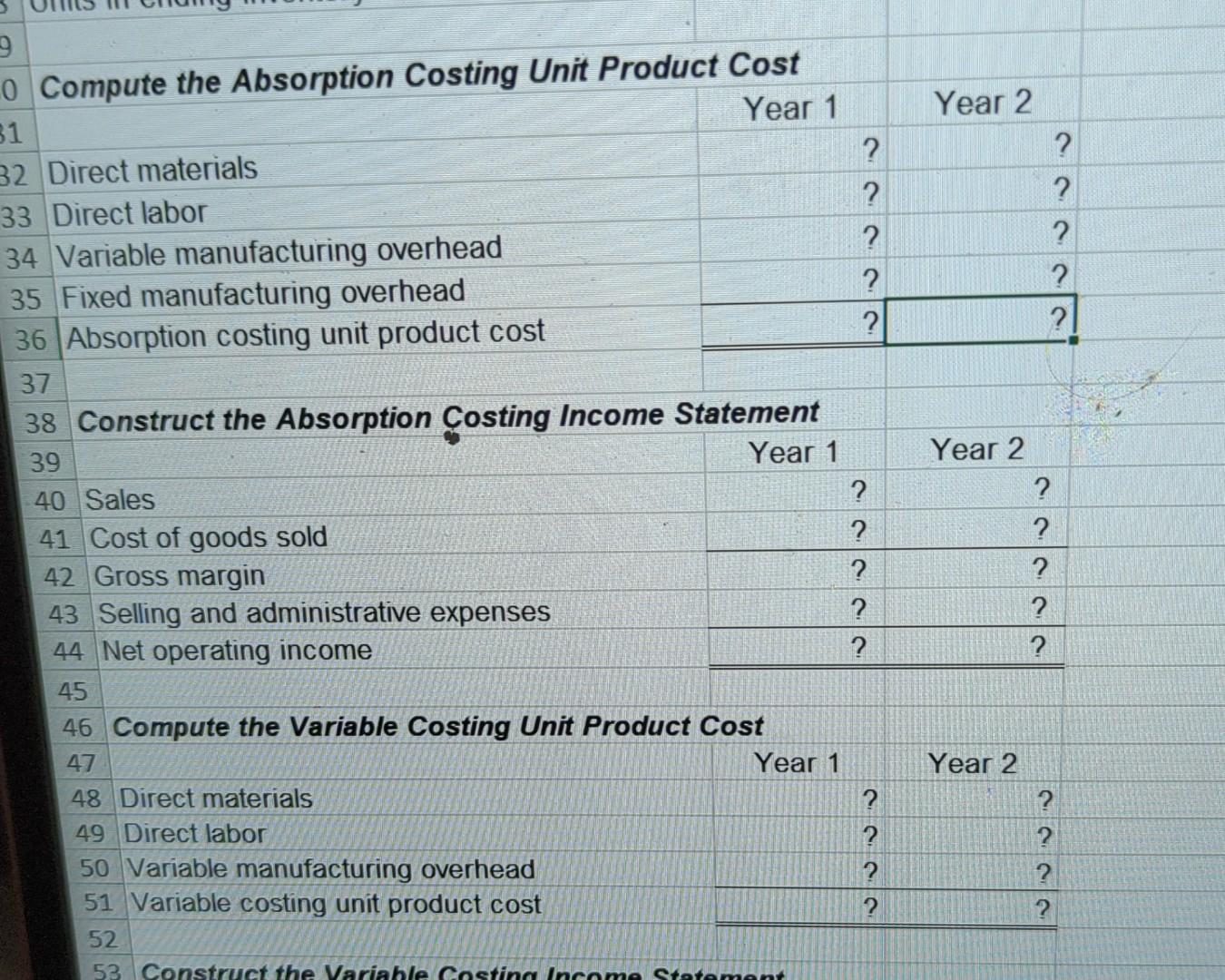 5 Manufacturing costs: $50 6 Variable per unit produced: 7 Direct materials